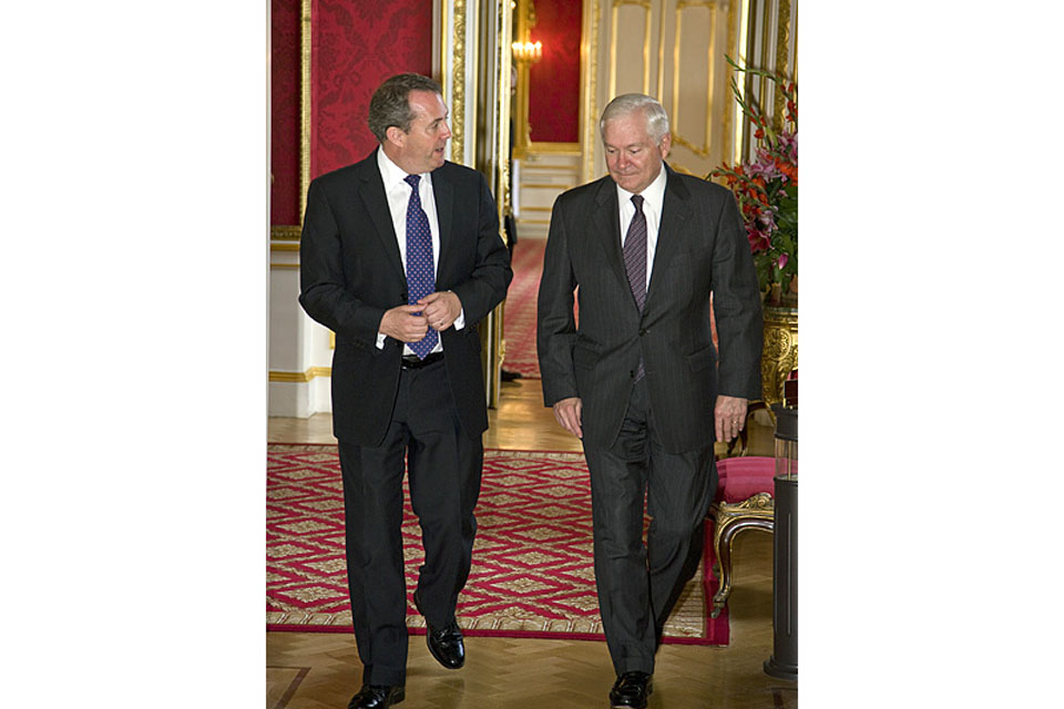Secretary of State for Defence, Dr Liam Fox, with his US counterpart, Robert Gates, at Lancaster House in London 