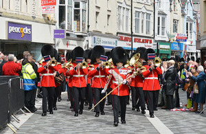The Band of the Welsh Guards leads the parade through Pontypridd town centre [Picture: Corporal Richard Cave RLC, Crown copyright]