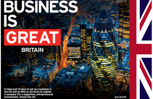 Business is GREAT banner showing London skyline at night