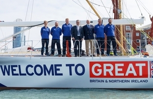 Trade Minister Mark Garnier with Clipper Chairman Sir Robin Knox-Johnston and Clipper crew