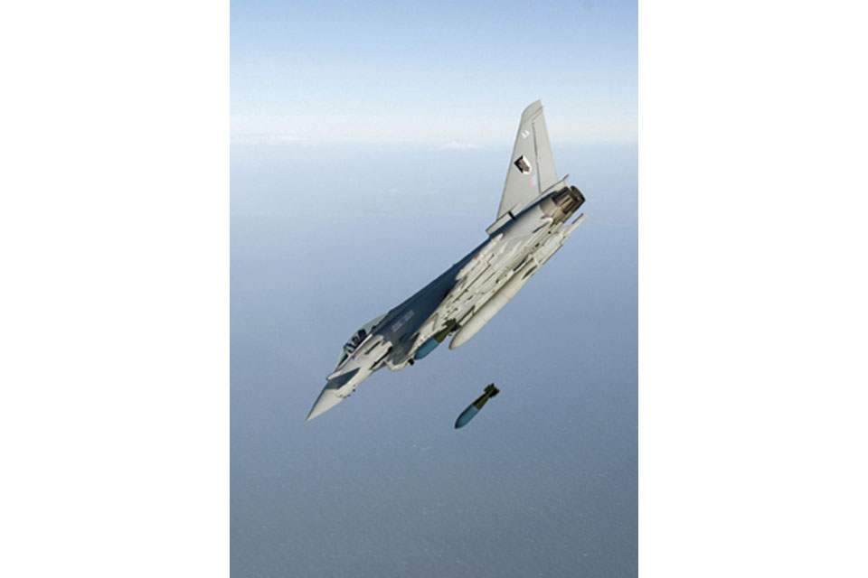 A Typhoon releases a freefall bomb 