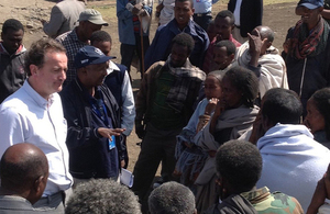 International Development Minister Nick Hurd at the site of a DFID-funded World Food Programme food distribution in northern Ethiopia.