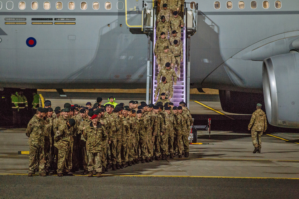 Soldiers from the 5th Battalion The Rifles Battlegroup arrive at Amari airbase, Estonia.