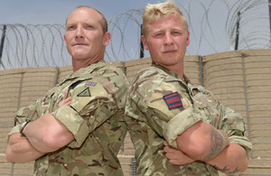 Father and son, Captain Malcolm 'Shed' Marsden and Sapper Robert Marsden, at Camp Bastion [Picture: Sergeant Barry Pope RLC, Crown copyright]