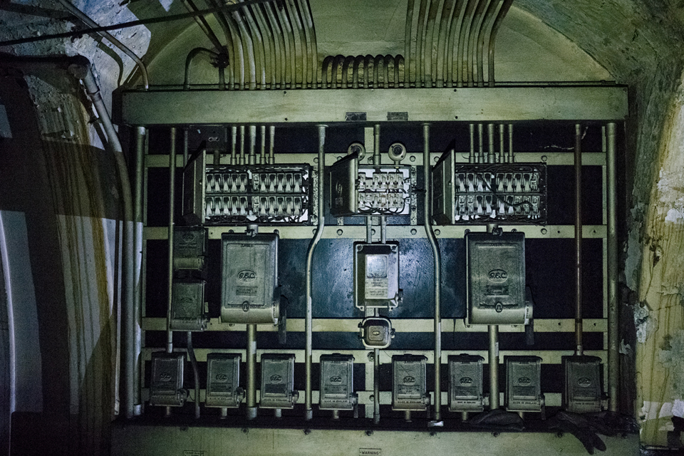 Old electrical switches inside the disused tube station