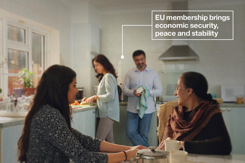 Family in kitchen. Text on image reads: EU membership brings economic security, peace and stability.