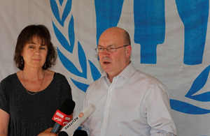 FCO Minister Alistair Burt addressing the media after his visit to the Syrian refugees camp in Lebanon