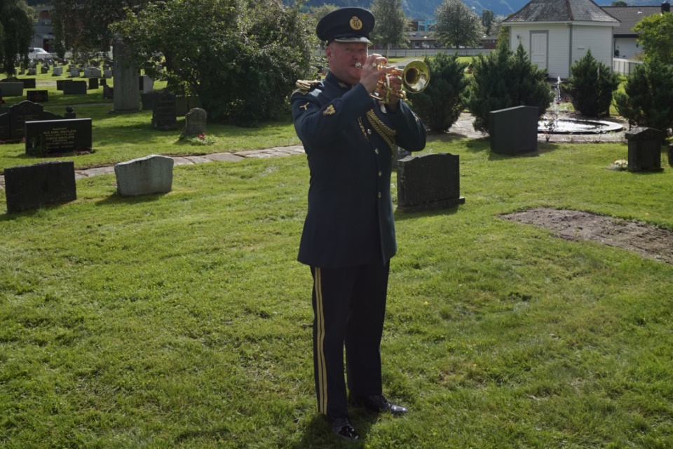 A bugler plays the Last Post during the rededication service for P/O Webb. Crown Copyright. All rights reserved