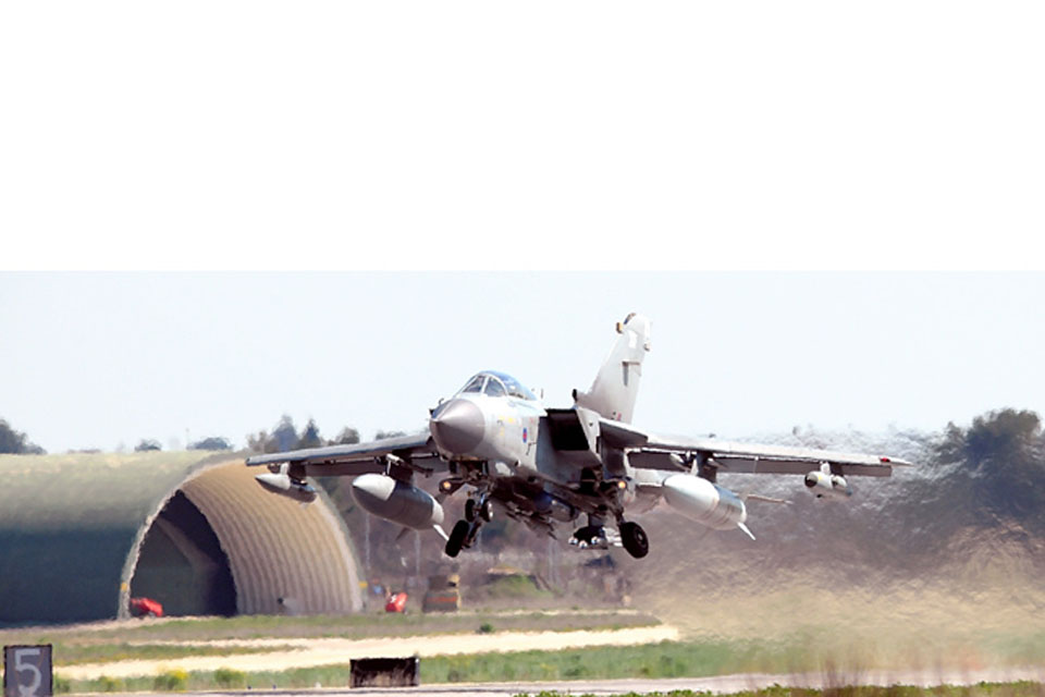 RAF Tornado GR4 aircraft takes off from Gioia del Colle air base in southern Italy (stock image)