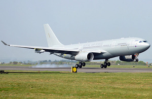 The first RAF Voyager transport and tanker aircraft touches down at Boscombe Down in Wiltshire