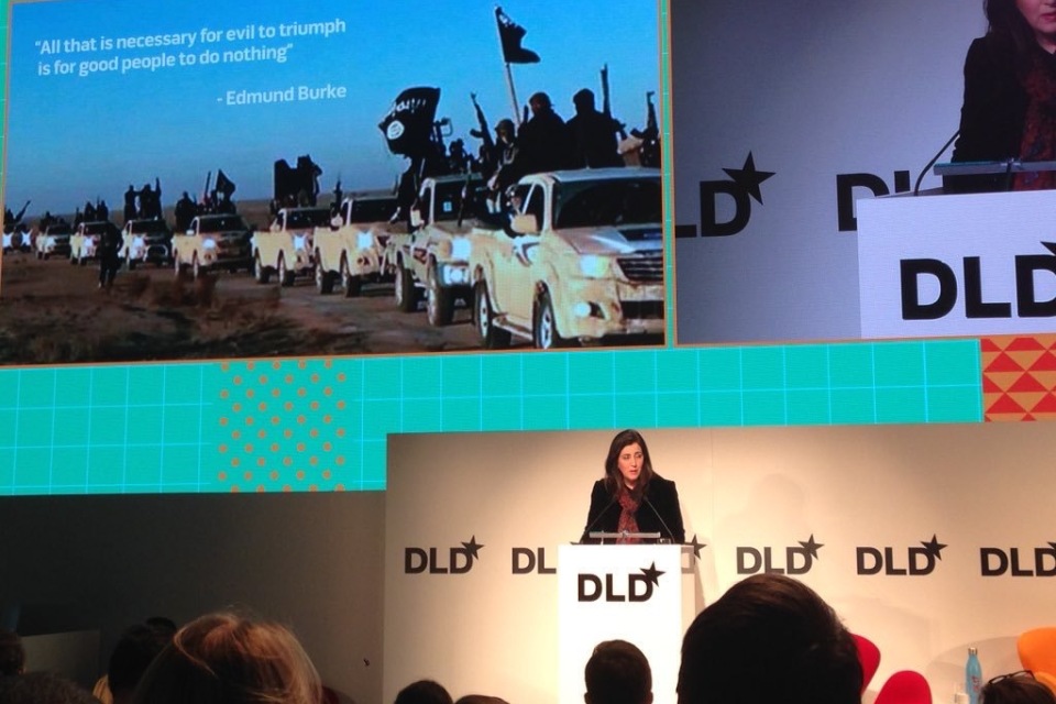 Baroness Shields delivering her statement on online extremism at the DLD conference in Munich.
