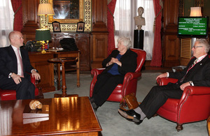 Foreign Secretary William Hague meeting Jan Cheek and Dick Sawle members of the Legislative Assembly of the Falkland Islands in London, 6 February 2013.