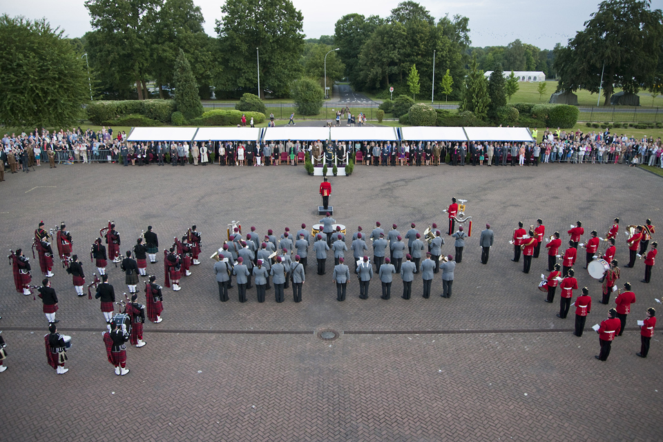 From left: the Crossed Swords Pipe Band, the Heeresmusikkorps 300 German military band and the Band of the Prince of Wales's Division