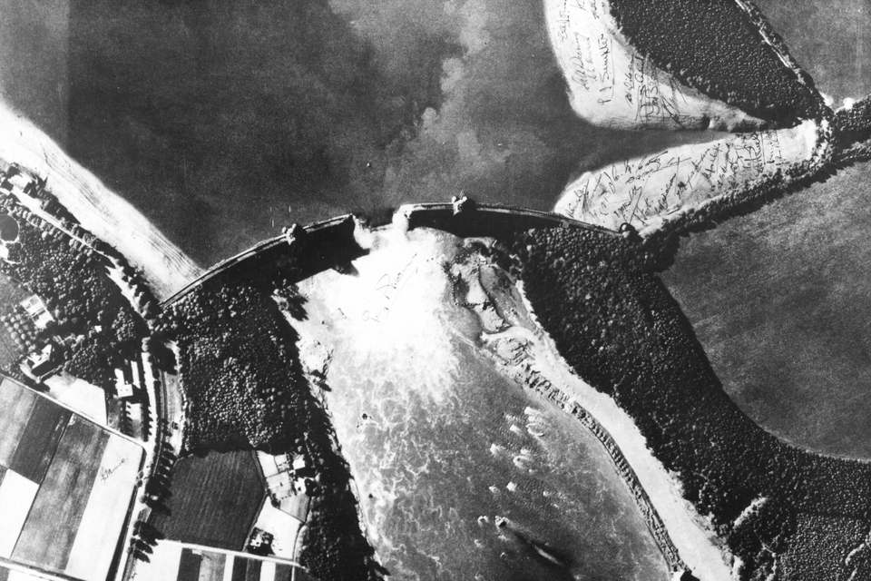 An aerial reconnaissance photograph of the breach in the Mohne dam 