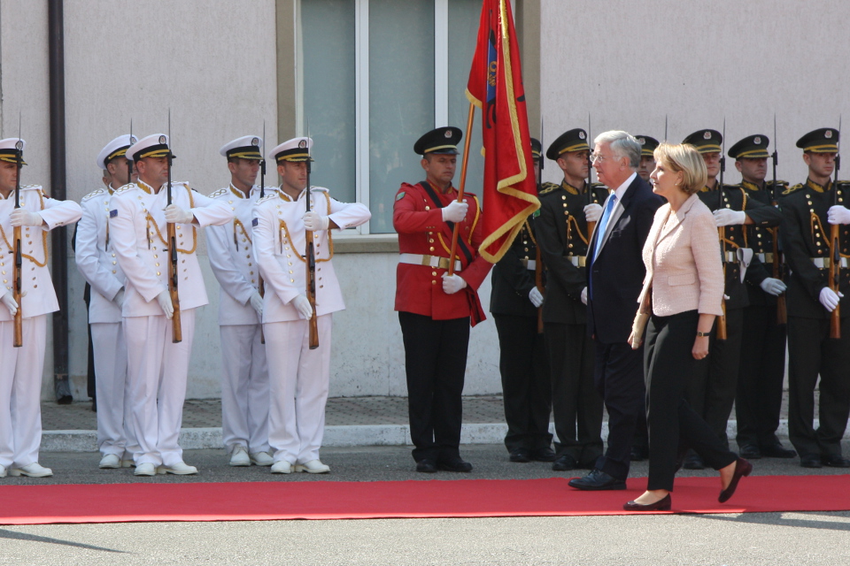 Defence Secretary Michael Fallon with Defence Minister Mimi Kodheli