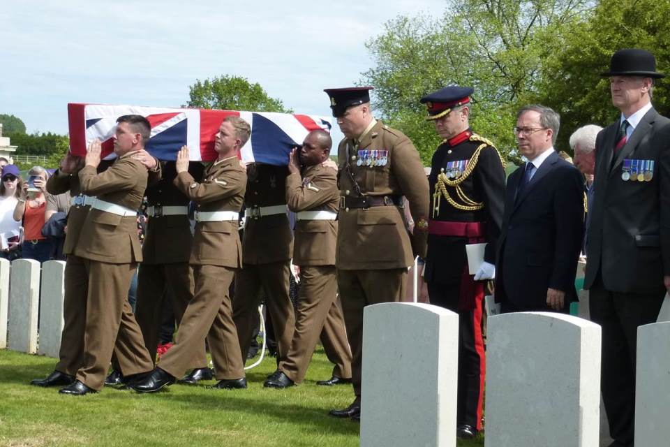 The bearer party carrying the coffin of Private Parker in view of senior dignitaries (left to right: WO Andrew Morrison; Defence Attaché to France and Lt Col David O’Kelly), Crown Copyright, All rights reserved