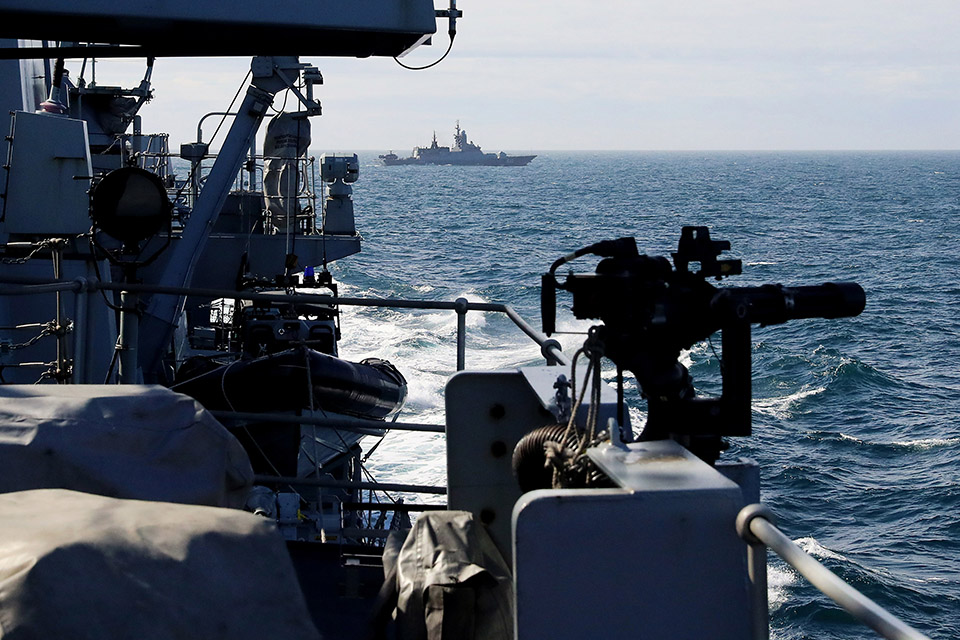 HMS Sutherland is escorting the Russian ships. Crown Copyright.