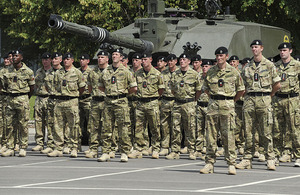Soldiers of the 2nd Royal Tank Regiment on parade at Aliwal Barracks, Tidworth, Wiltshire