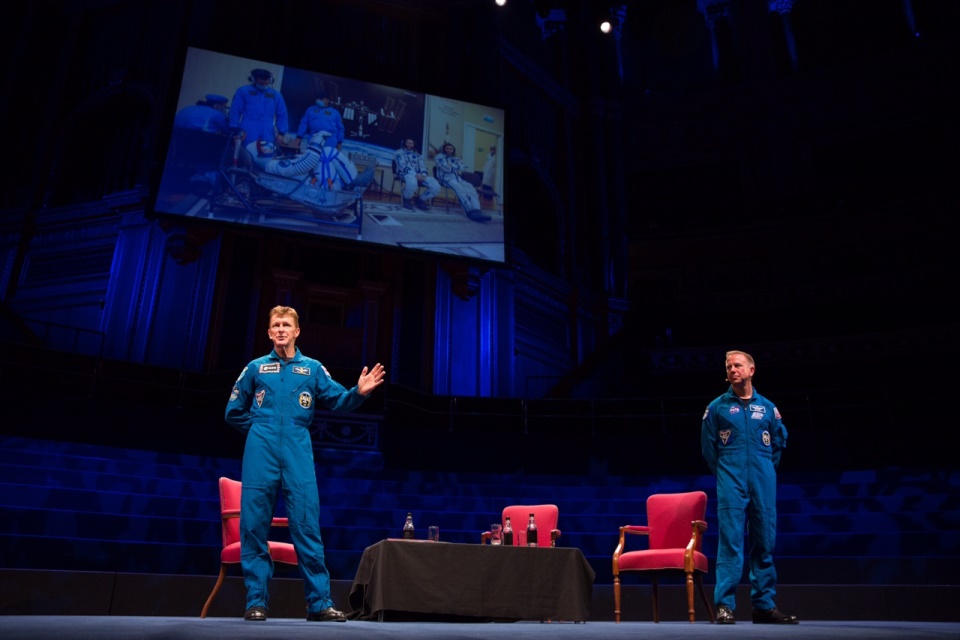 Tim Peake and Tim Kopra on the main stage in the Royal Albert Hall.