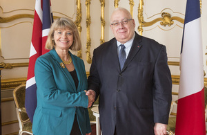 Minister for Defence Procurement Harriett Baldwin with her French counterpart Laurent Collet-Billon at Lancaster House