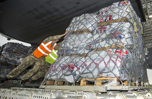 Humanitarian aid is loaded onto a C17 aircraft at RAF Brize Norton earlier today. Picture: Steve Lympany/MOD