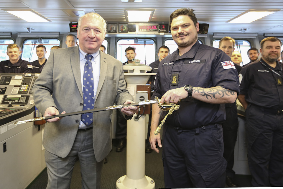 Aboard the ship today, he presented Enterprise with the Firmin Sword of Peace in recognition of her service.