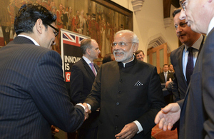 Ajay Gupta is introduced to India's Prime Minister by Prime Minister David Cameron and Lord Maude, Minister for Trade and Investment