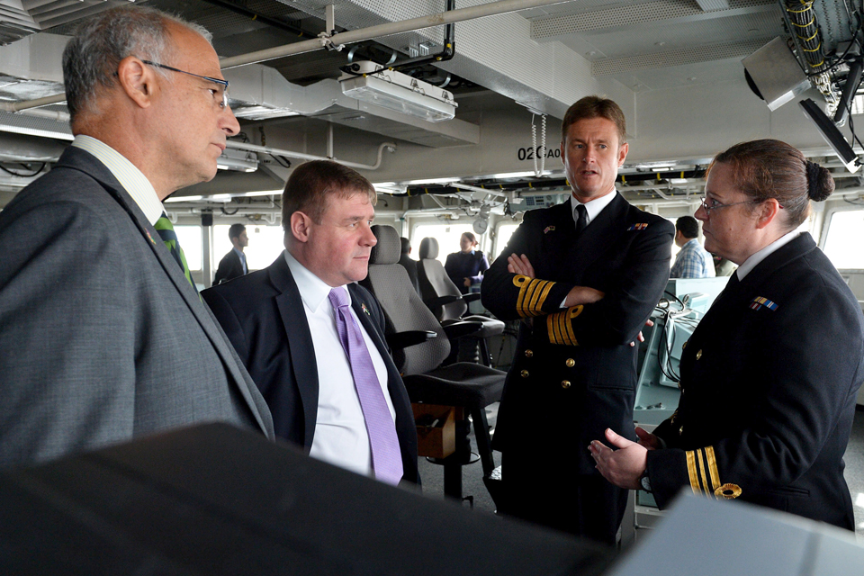 Michael Aron and Mark Francois are shown around HMS Bulwark