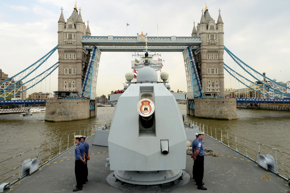 HMS Edinburgh passes under Tower Bridge