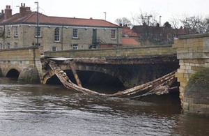 Flood damage to Tadcaster bridge.