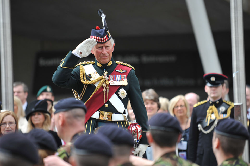 His Royal Highness The Prince of Wales takes the salute as troops march past at the Armed Forces Day national event in Edinburgh 