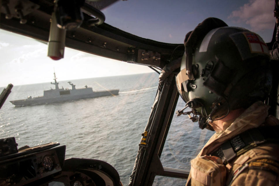 French frigate Sucouf seen from Lynx helicopter cockpit