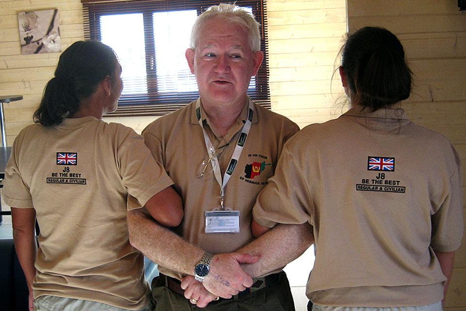 Alan Lawson with two J8 (Finance and Human Resources) personnel at Camp Bastion