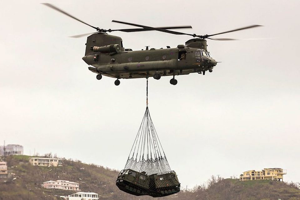 One of the UK Chinooks undertaking relief work in the Caribbean in the aftermath of Hurricane Irma.