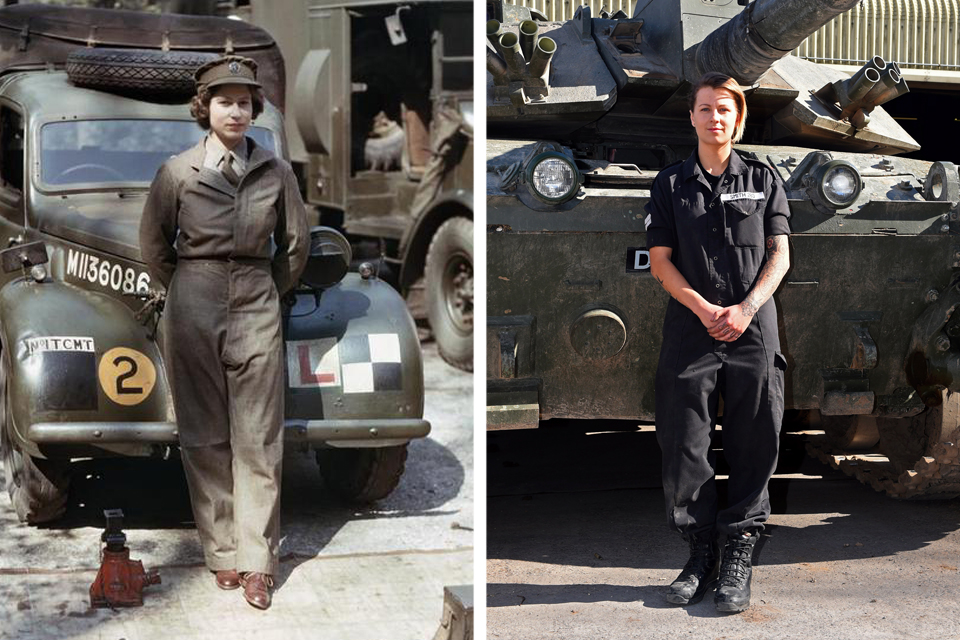 Left, 18-year-old Princess Elizabeth at work in the ATS. Right, Corporal Rebecca Smith in front of a Challenger 2 tank. Pictures: IWM/Crown Copyright