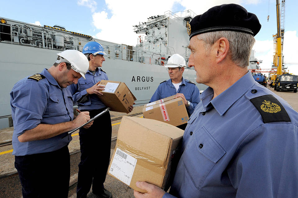 RFA Argus Executive Officer, Chief Officer Shane Wood checks the first load of medical supplies 