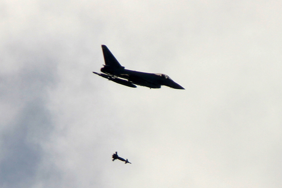 A Paveway II laser-guided bomb is dropped from an RAF Typhoon