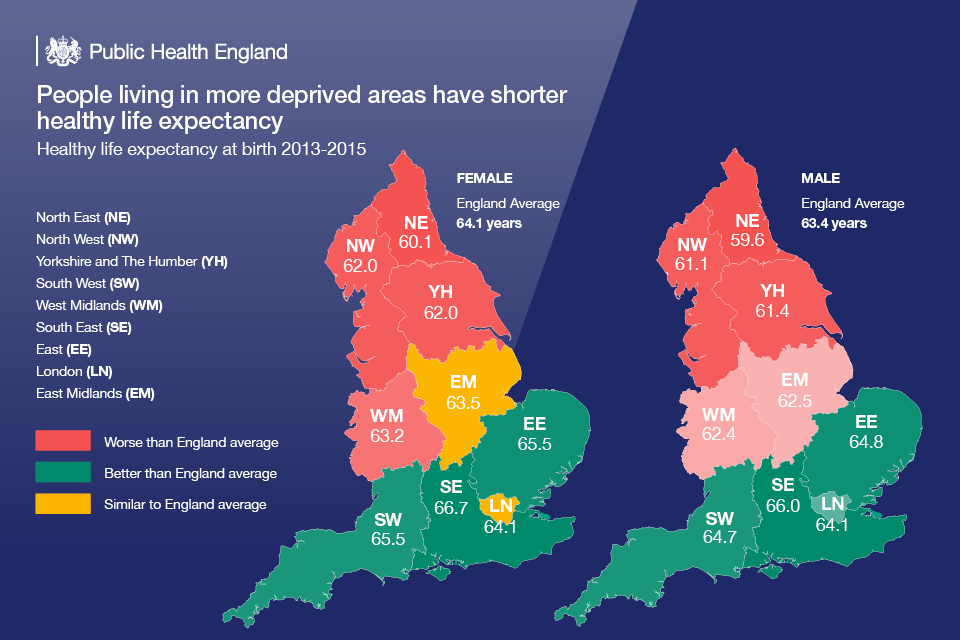 Infographic showing life expectancy in different parts of England