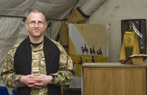 Reverend (Flight Lieutenant) Matt Buchan inside the St Michael's and All Saints Garrison Church at Camp Bastion in Helmand province, Afghanistan [Picture: Corporal Jamie Peters, Crown copyright]