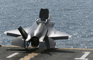 Squadron Leader Jim Schofield RAF performs the first short takeoff at sea in a F-35B aircraft from the USS Wasp