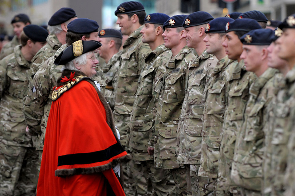 The Mayor of Barnsley, Councillor Dorothy Higginbottom, and the Commanding Officer of the Light Dragoons, Lieutenant Colonel Sam Plant, inspect the soldiers on parade