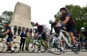 Chancellor launches Coldstream Guards three-day cycle ride to Bennecourt, France from the Horse Guards Memorial