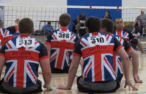 Wounded British Service personnel competing in the 2012 US Warrior Games sitting volleyball event