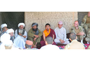 Religious leaders representing the Muslim, Christian, Hindu and Buddhist faiths attend a religious engagement shura at Chah-e Mirza in Nad 'Ali (South), Afghanistan