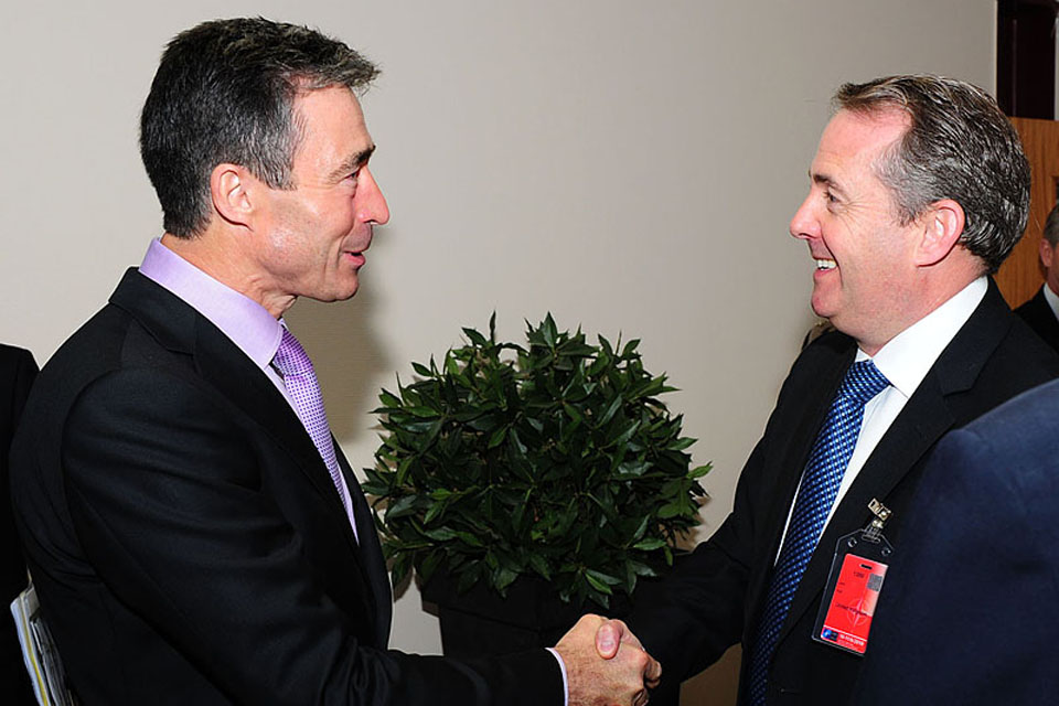 Dr Liam Fox (right) meets NATO Secretary General, Anders Fogh Rasmussen, in Brussels