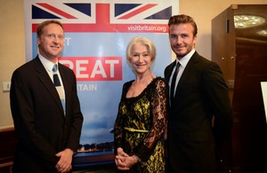 HM Consul General Brian Davidson with guests Dame Helen Mirren and David Beckham