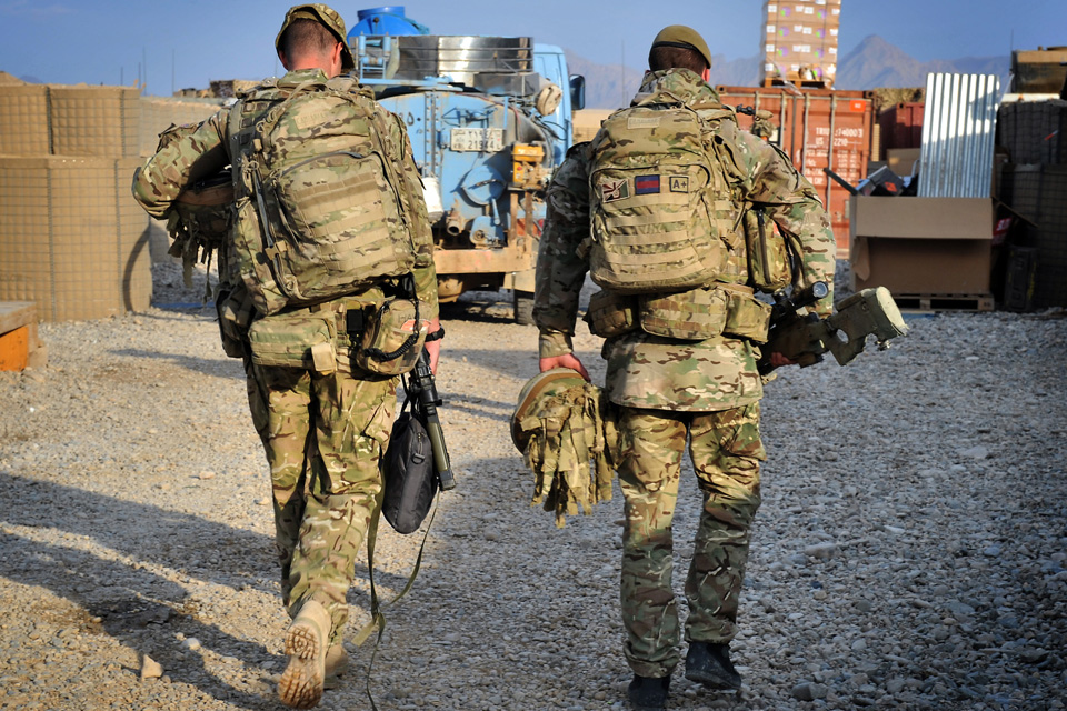 Soldiers of the 1st Battalion Scots Guards leaving Forward Operating Base Ouellette