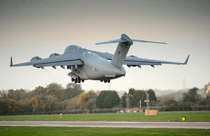 A C-17 departs RAF Brize Norton carrying UK aid for the Phillipines [Picture: Paul Crouch, Crown copyright]