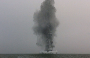 A Second World War German mine is destroyed in the Thames Estuary off the Kent coast on Sunday 8 April