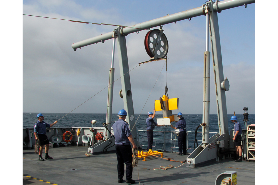 HMS Echo personnel deploy the vessel's SeaSoar vehicle